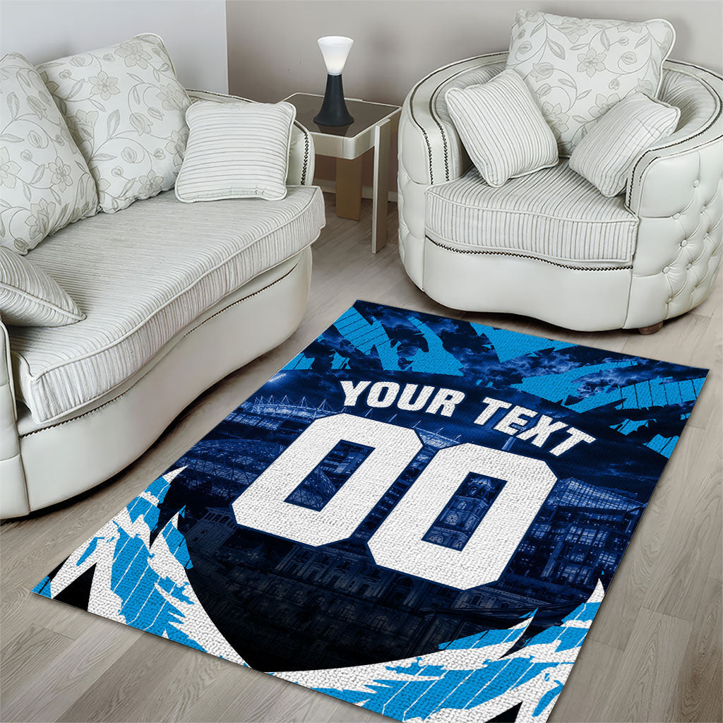 Personalised Geelong Cat Football Area Rug Electric Blue Mascot Charging Cityscape