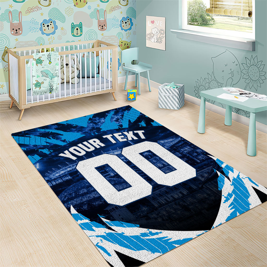Personalised Geelong Cat Football Area Rug Electric Blue Mascot Charging Cityscape