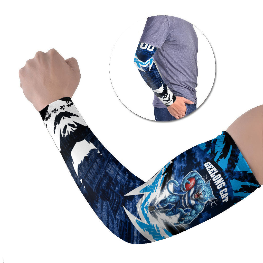 Personalised Geelong Cat Football Arm Sleeves Electric Blue Mascot Charging Cityscape