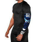 Personalised Geelong Cat Football Arm Sleeves Electric Blue Mascot Charging Cityscape