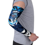 Personalised Geelong Cat Football Arm Sleeves Electric Blue Mascot Charging Cityscape
