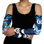 Personalised Geelong Cat Football Arm Sleeves Electric Blue Mascot Charging Cityscape