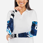 Personalised Geelong Cat Football Arm Sleeves Electric Blue Mascot Charging Cityscape