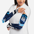 Personalised Geelong Cat Football Arm Sleeves Electric Blue Mascot Charging Cityscape