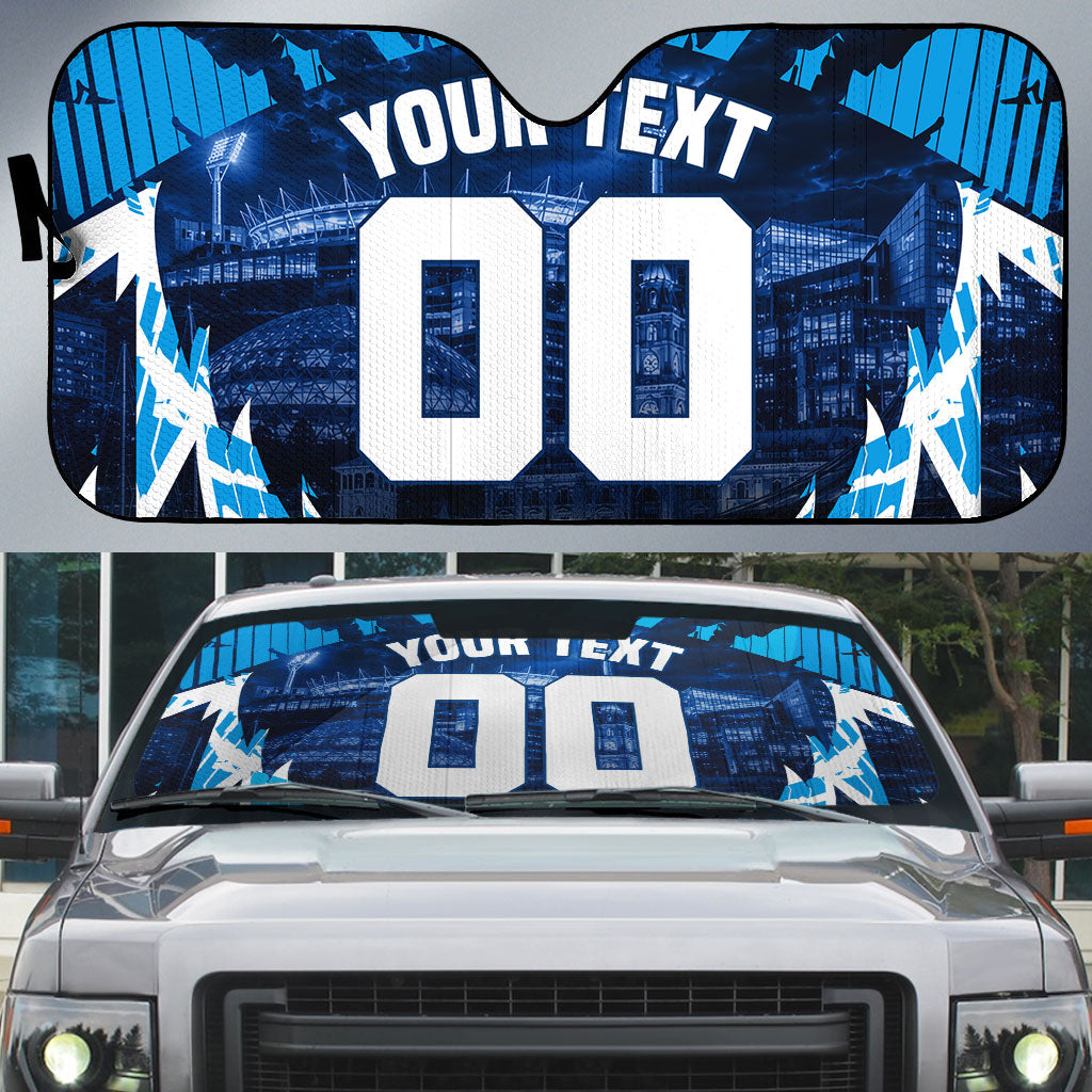 Personalised Geelong Cat Football Auto Sun Shade Electric Blue Mascot Charging Cityscape