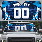Personalised Geelong Cat Football Auto Sun Shade Electric Blue Mascot Charging Cityscape
