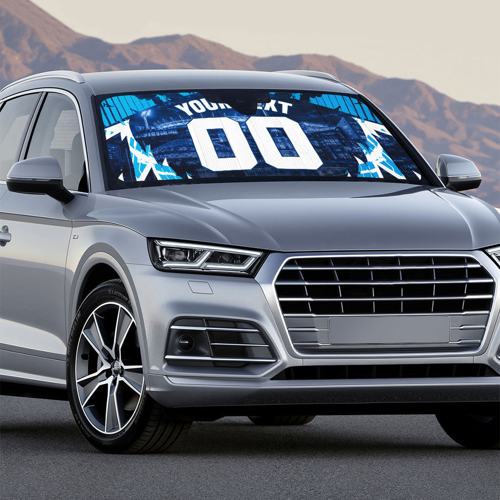 Personalised Geelong Cat Football Auto Sun Shade Electric Blue Mascot Charging Cityscape