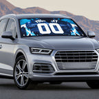 Personalised Geelong Cat Football Auto Sun Shade Electric Blue Mascot Charging Cityscape