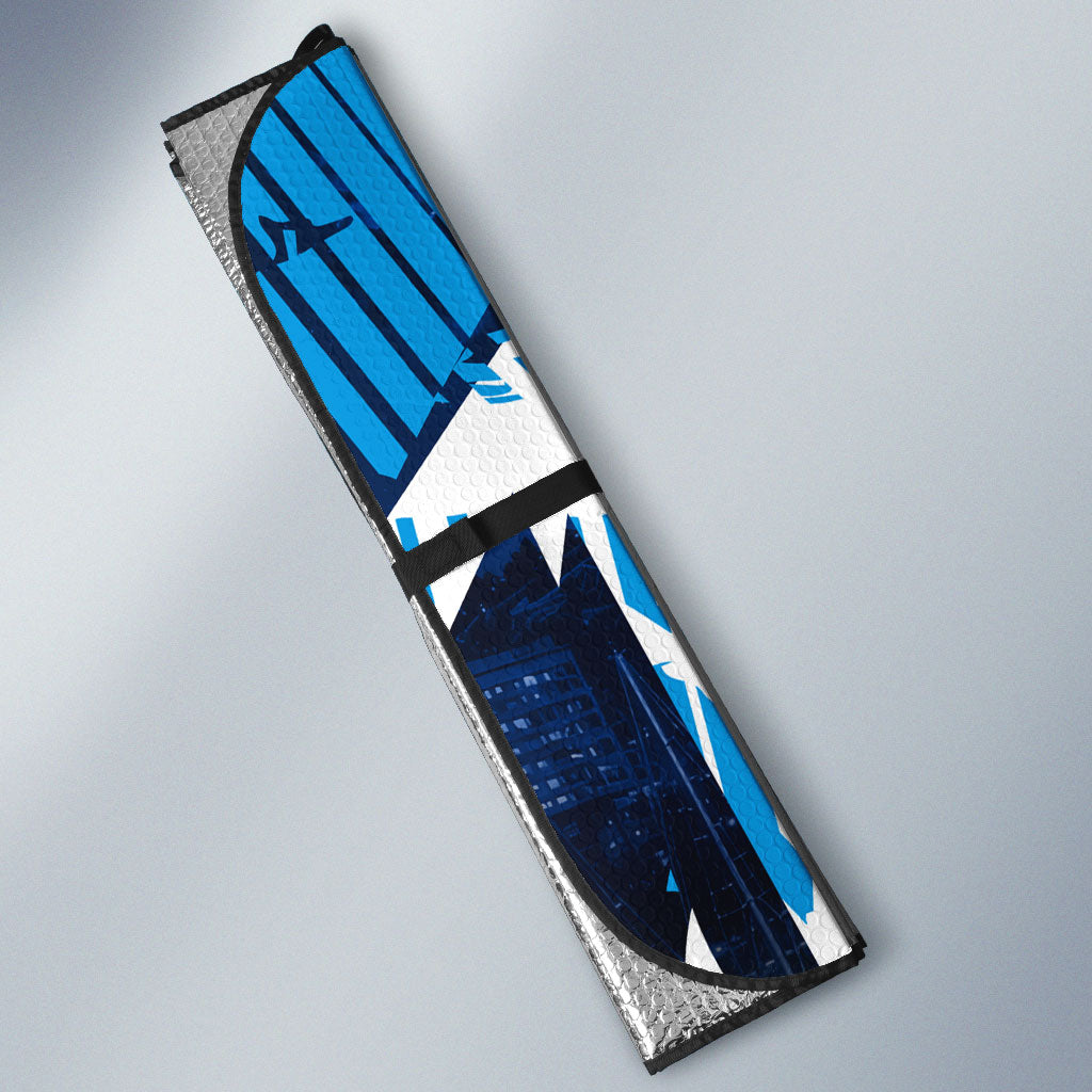 Personalised Geelong Cat Football Auto Sun Shade Electric Blue Mascot Charging Cityscape