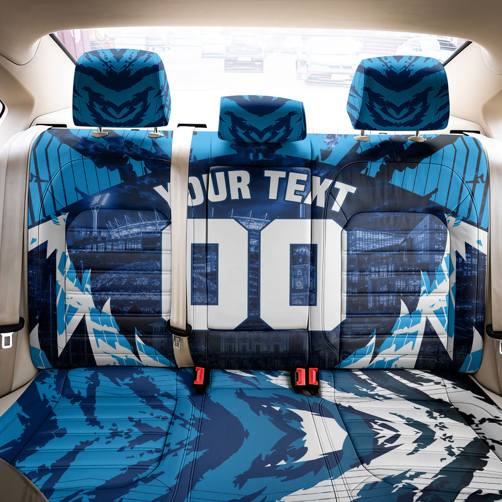 Personalised Geelong Cat Football Back Car Seat Cover Electric Blue Mascot Charging Cityscape