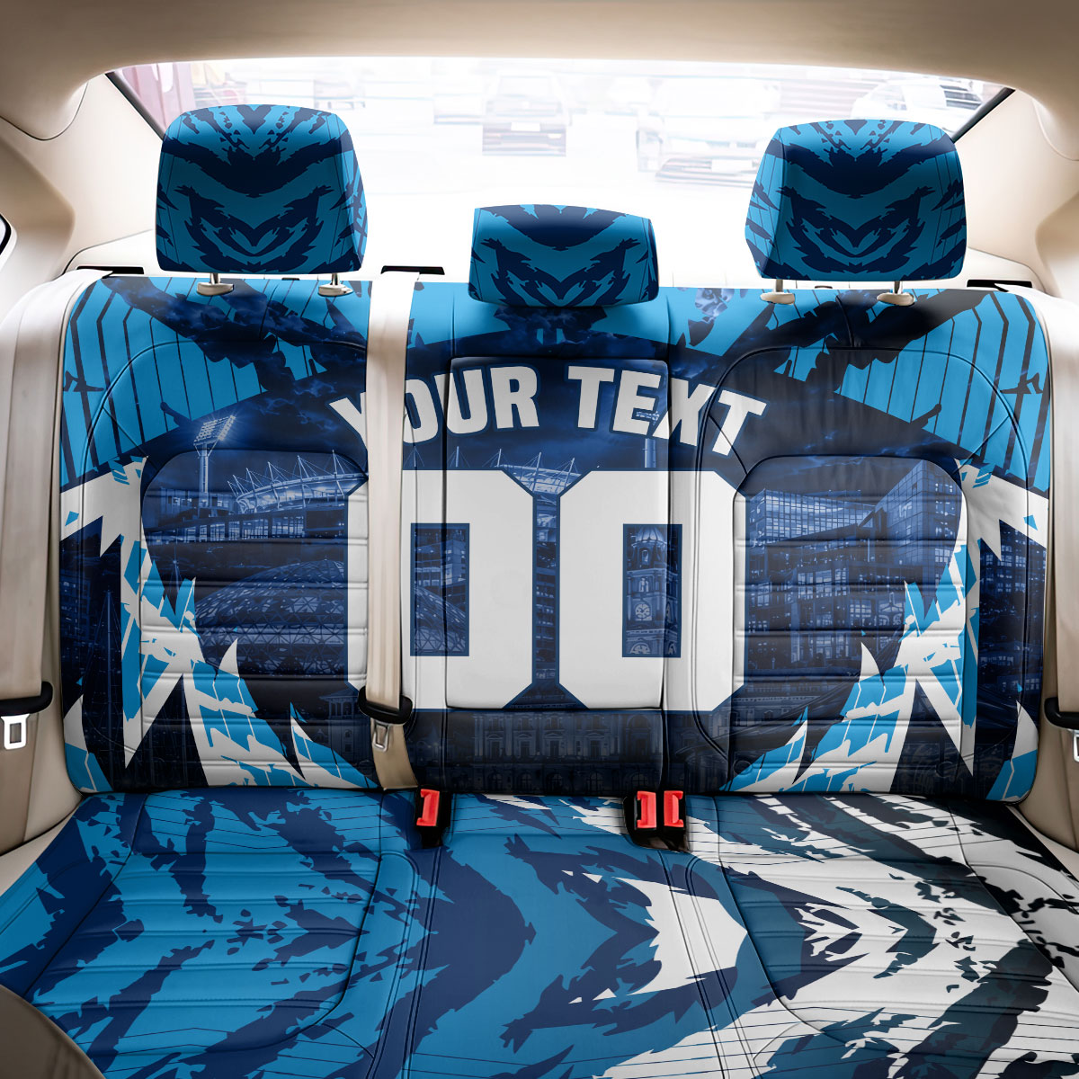 Personalised Geelong Cat Football Back Car Seat Cover Electric Blue Mascot Charging Cityscape
