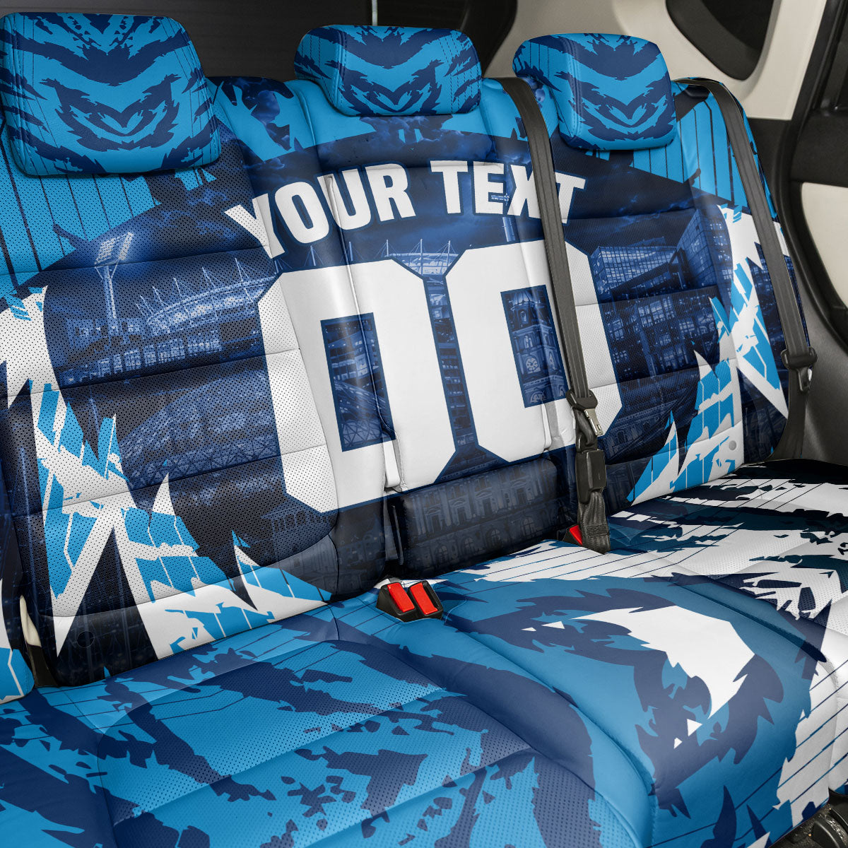 Personalised Geelong Cat Football Back Car Seat Cover Electric Blue Mascot Charging Cityscape