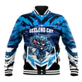 Personalised Geelong Cat Football Baseball Jacket Electric Blue Mascot Charging Cityscape