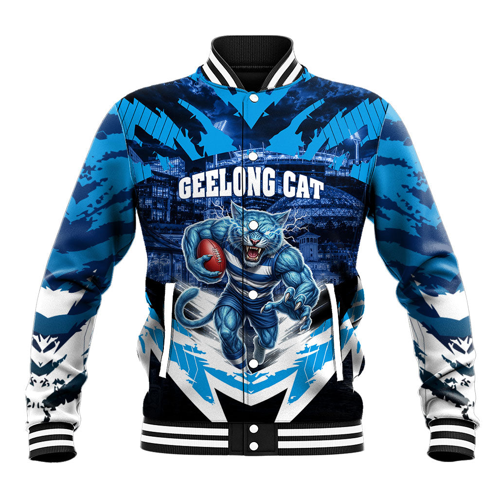 Personalised Geelong Cat Football Baseball Jacket Electric Blue Mascot Charging Cityscape