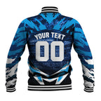 Personalised Geelong Cat Football Baseball Jacket Electric Blue Mascot Charging Cityscape