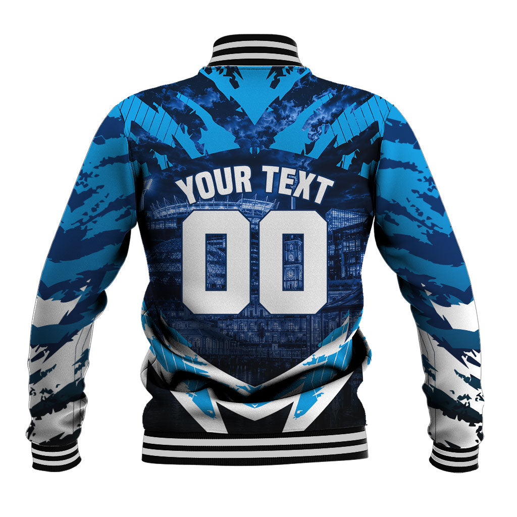 Personalised Geelong Cat Football Baseball Jacket Electric Blue Mascot Charging Cityscape