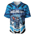 Personalised Geelong Cat Football Baseball Jersey Electric Blue Mascot Charging Cityscape