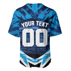 Personalised Geelong Cat Football Baseball Jersey Electric Blue Mascot Charging Cityscape