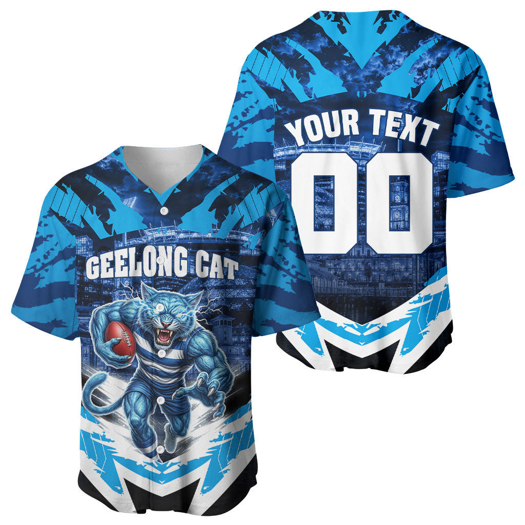 Personalised Geelong Cat Football Baseball Jersey Electric Blue Mascot Charging Cityscape
