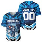 Personalised Geelong Cat Football Baseball Jersey Electric Blue Mascot Charging Cityscape