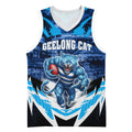 Personalised Geelong Cat Football Basketball Jersey Electric Blue Mascot Charging Cityscape