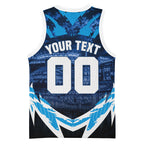 Personalised Geelong Cat Football Basketball Jersey Electric Blue Mascot Charging Cityscape