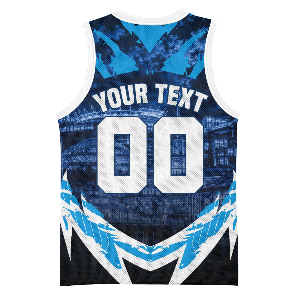 Personalised Geelong Cat Football Basketball Jersey Electric Blue Mascot Charging Cityscape