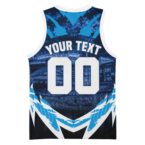 Personalised Geelong Cat Football Basketball Jersey Electric Blue Mascot Charging Cityscape