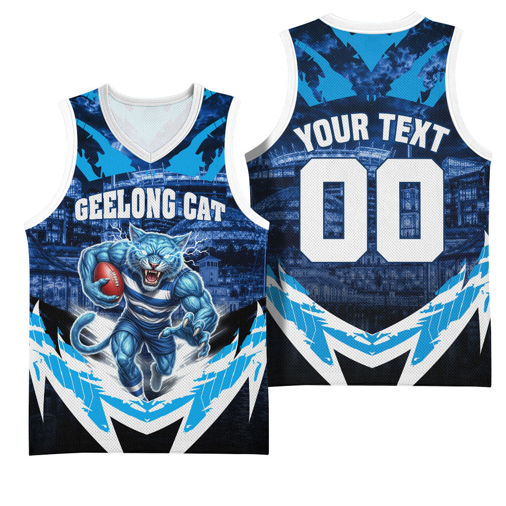 Personalised Geelong Cat Football Basketball Jersey Electric Blue Mascot Charging Cityscape
