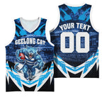 Personalised Geelong Cat Football Basketball Jersey Electric Blue Mascot Charging Cityscape