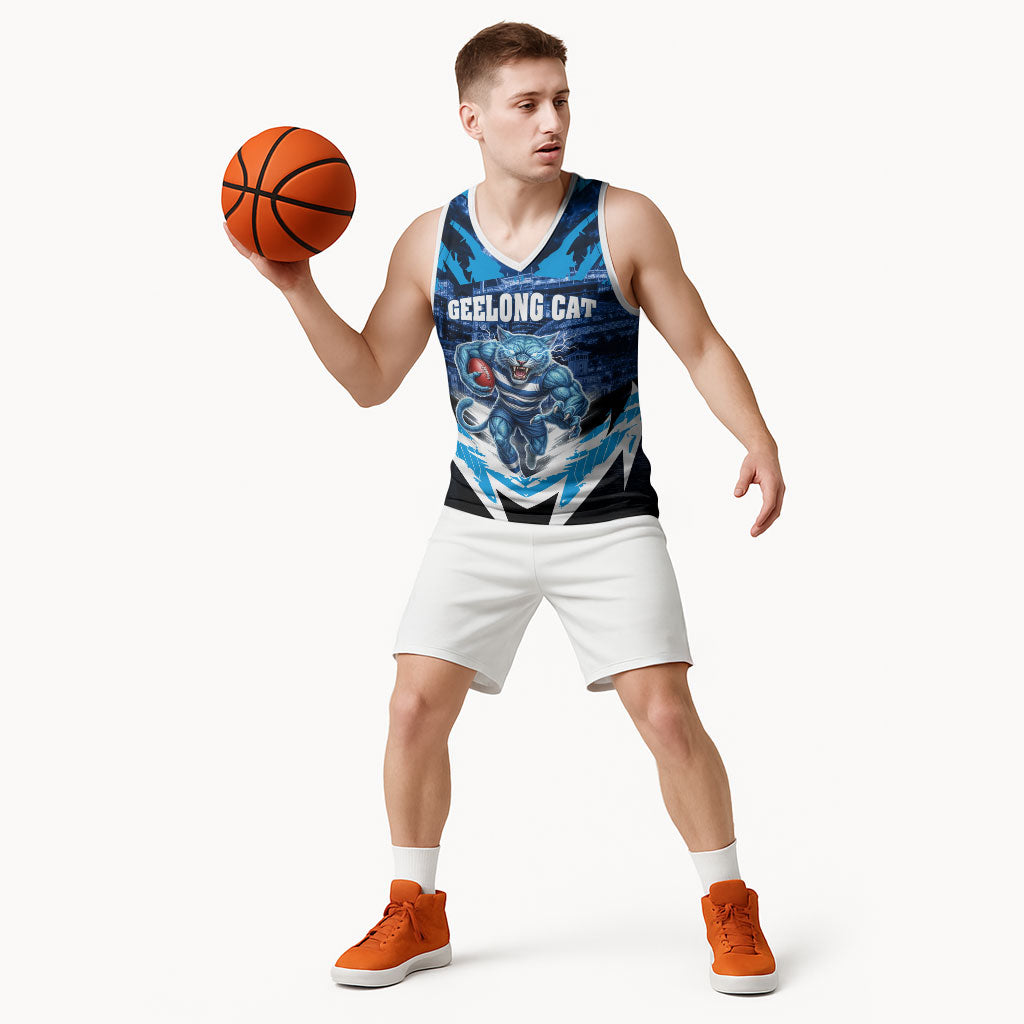 Personalised Geelong Cat Football Basketball Jersey Electric Blue Mascot Charging Cityscape