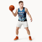 Personalised Geelong Cat Football Basketball Jersey Electric Blue Mascot Charging Cityscape