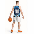 Personalised Geelong Cat Football Basketball Jersey Electric Blue Mascot Charging Cityscape