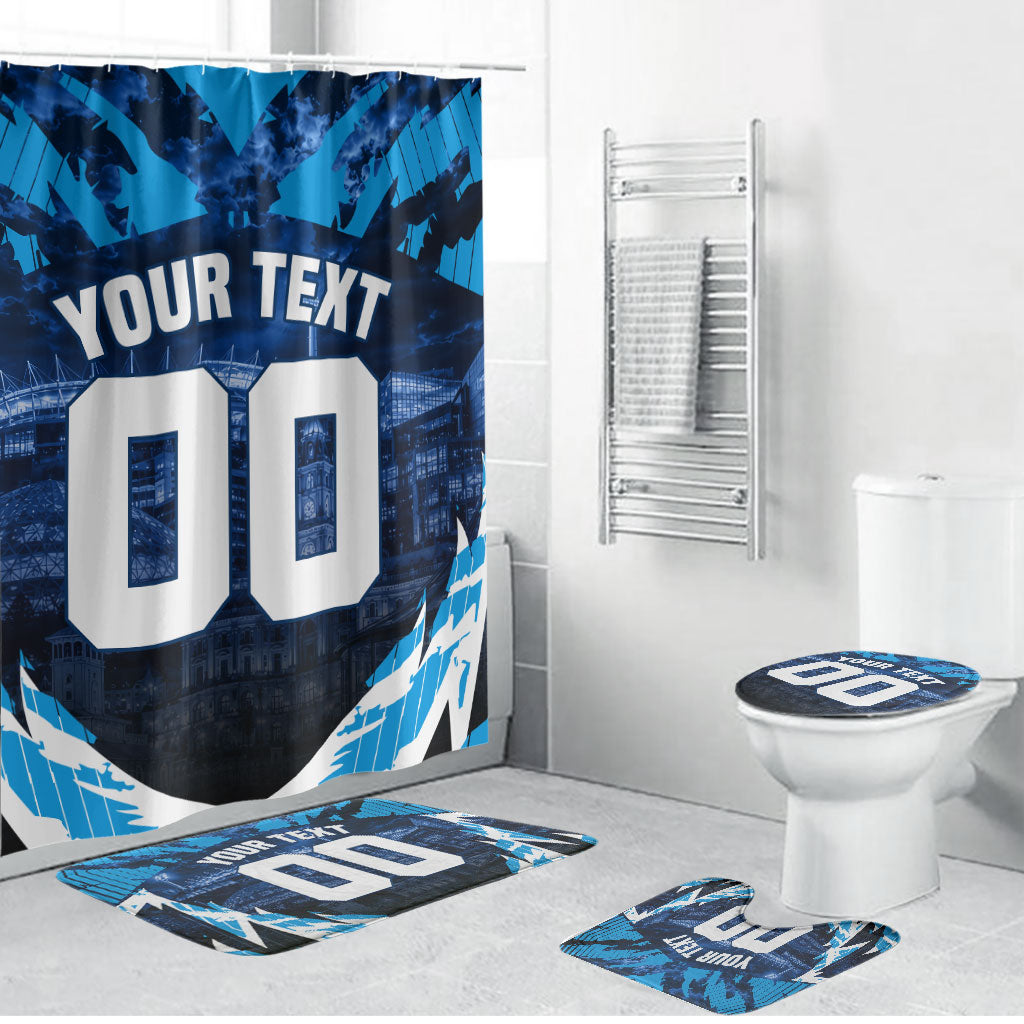 Personalised Geelong Cat Football Bathroom Set Electric Blue Mascot Charging Cityscape
