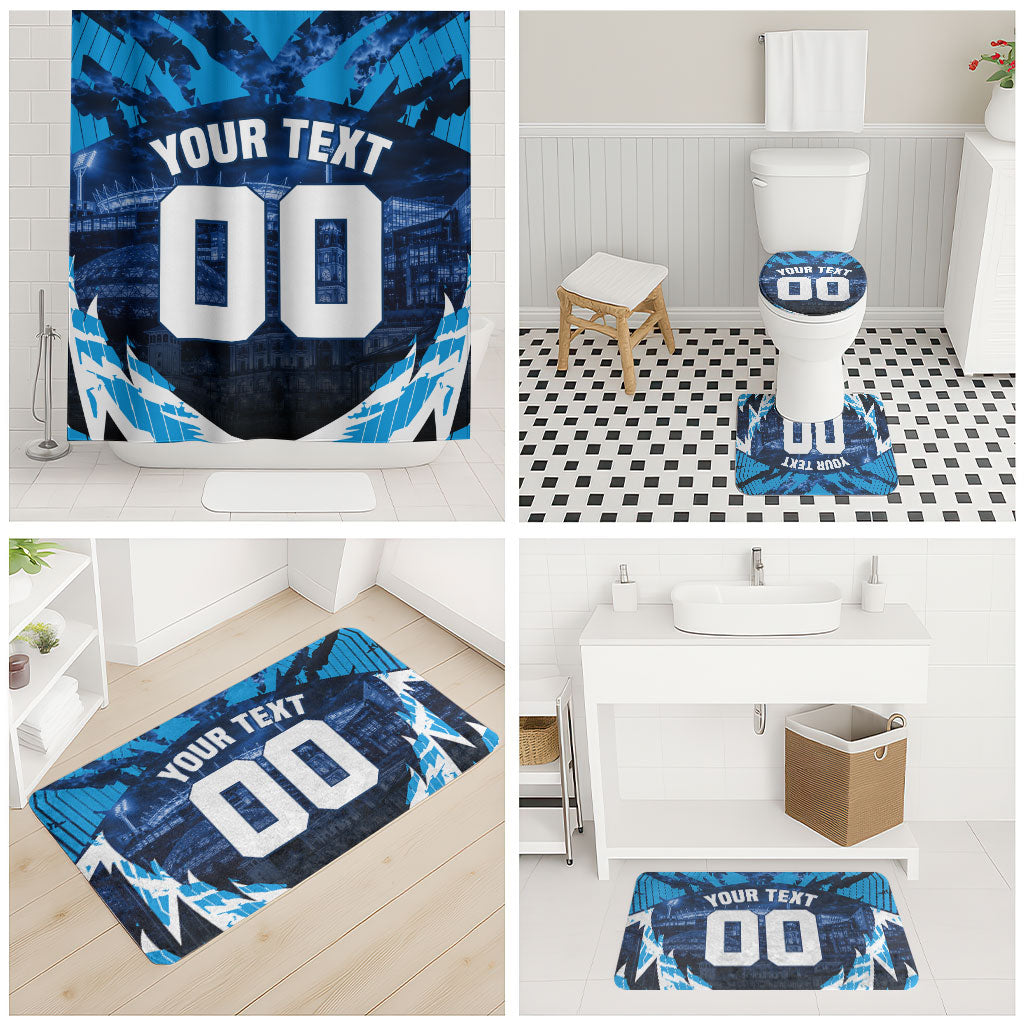 Personalised Geelong Cat Football Bathroom Set Electric Blue Mascot Charging Cityscape