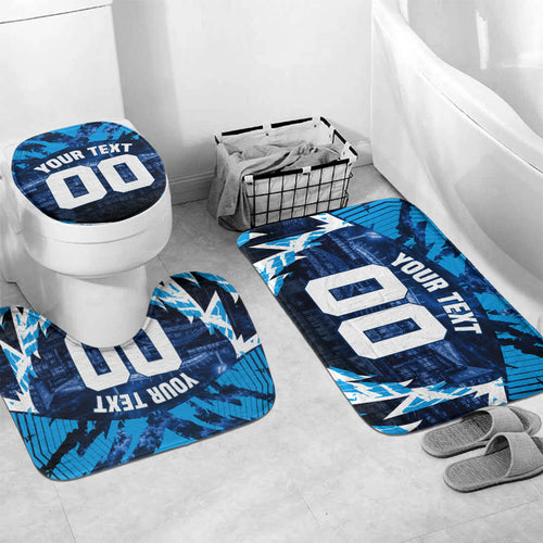 Personalised Geelong Cat Football Bathroom Set Electric Blue Mascot Charging Cityscape