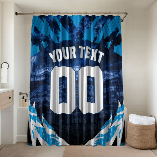 Personalised Geelong Cat Football Bathroom Set Electric Blue Mascot Charging Cityscape