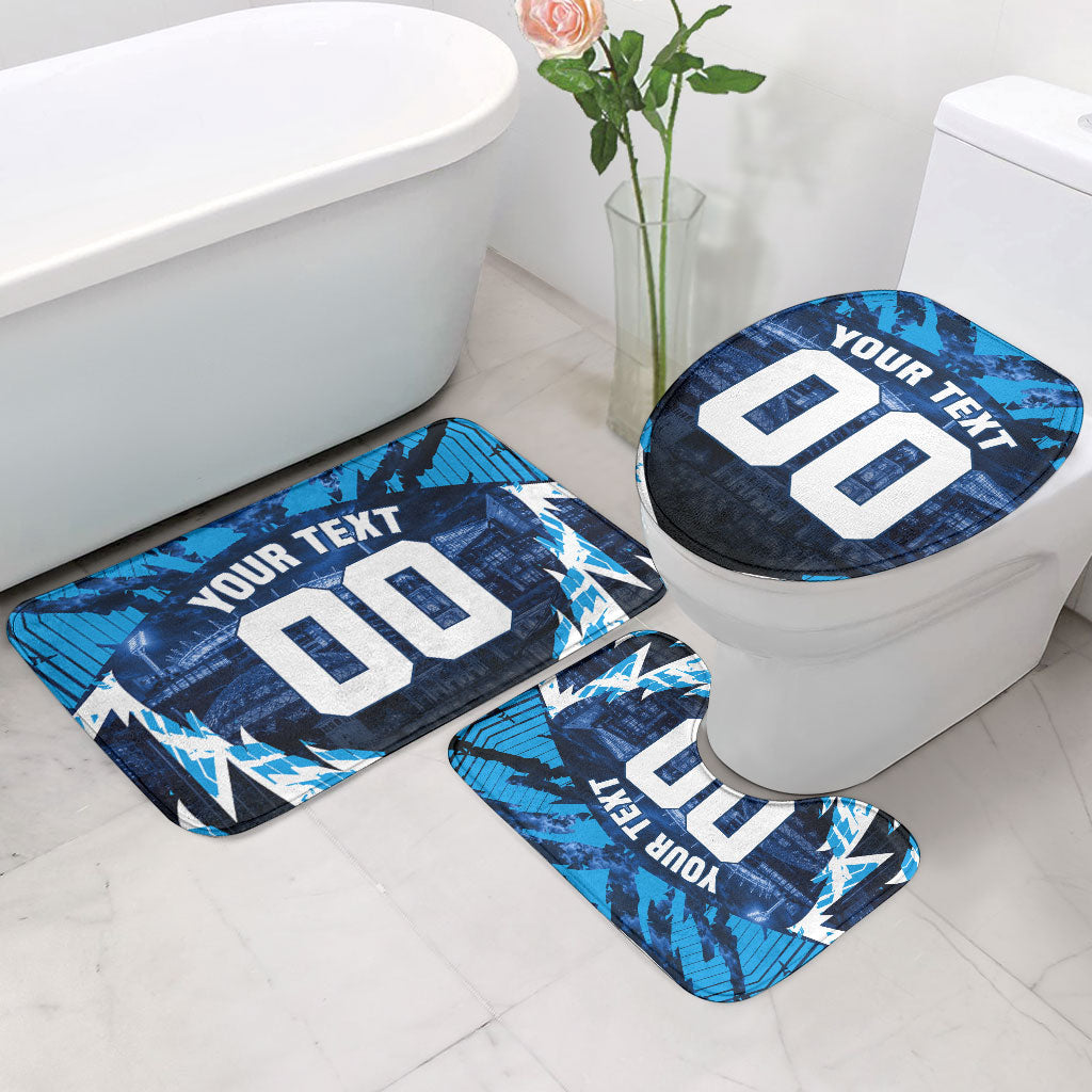 Personalised Geelong Cat Football Bathroom Set Electric Blue Mascot Charging Cityscape