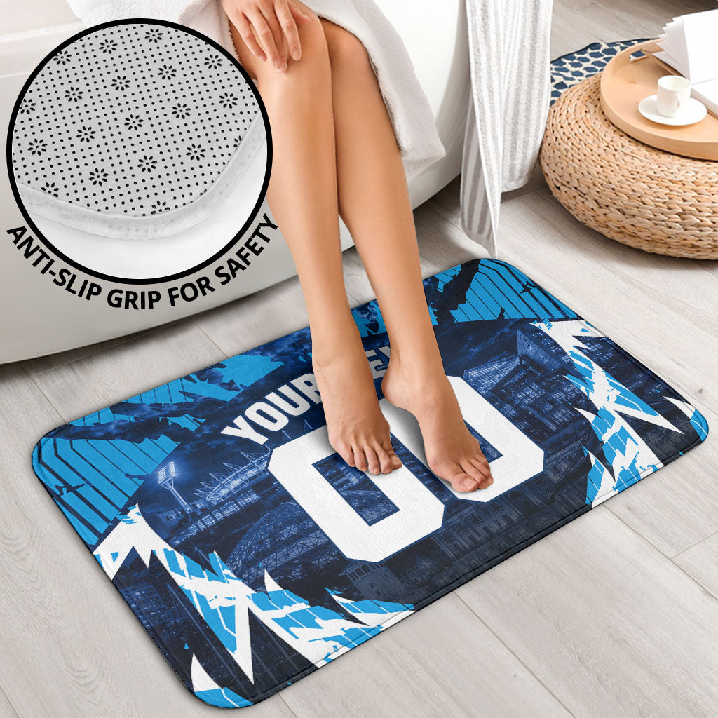 Personalised Geelong Cat Football Bathroom Set Electric Blue Mascot Charging Cityscape