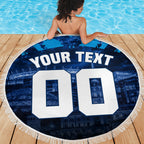 Personalised Geelong Cat Football Beach Blanket Electric Blue Mascot Charging Cityscape