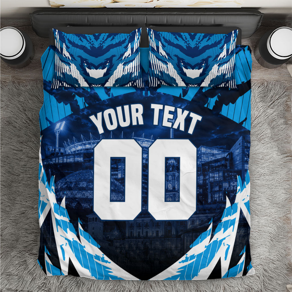 Personalised Geelong Cat Football Bedding Set Electric Blue Mascot Charging Cityscape