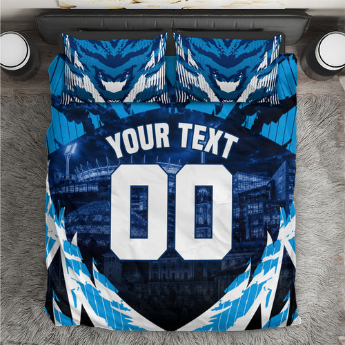 Personalised Geelong Cat Football Bedding Set Electric Blue Mascot Charging Cityscape