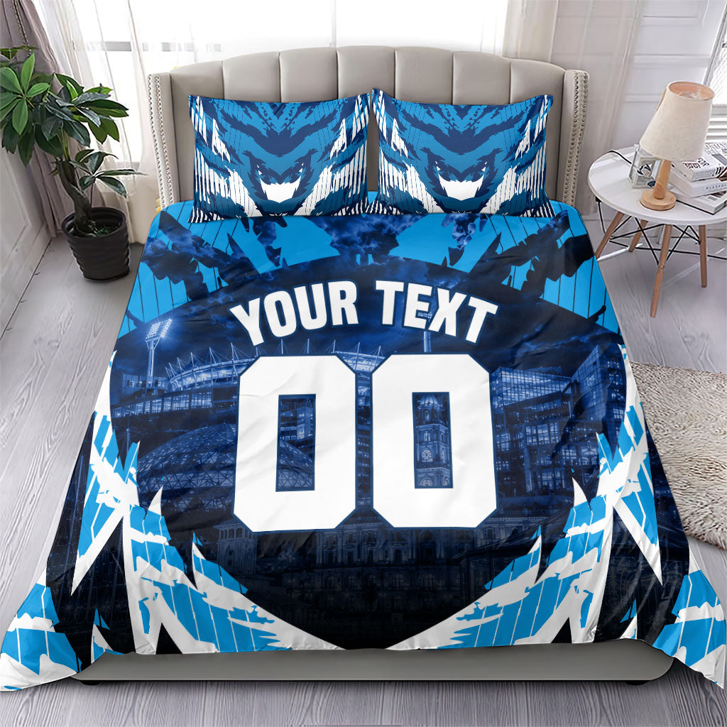 Personalised Geelong Cat Football Bedding Set Electric Blue Mascot Charging Cityscape