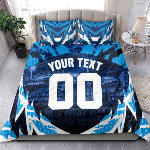 Personalised Geelong Cat Football Bedding Set Electric Blue Mascot Charging Cityscape