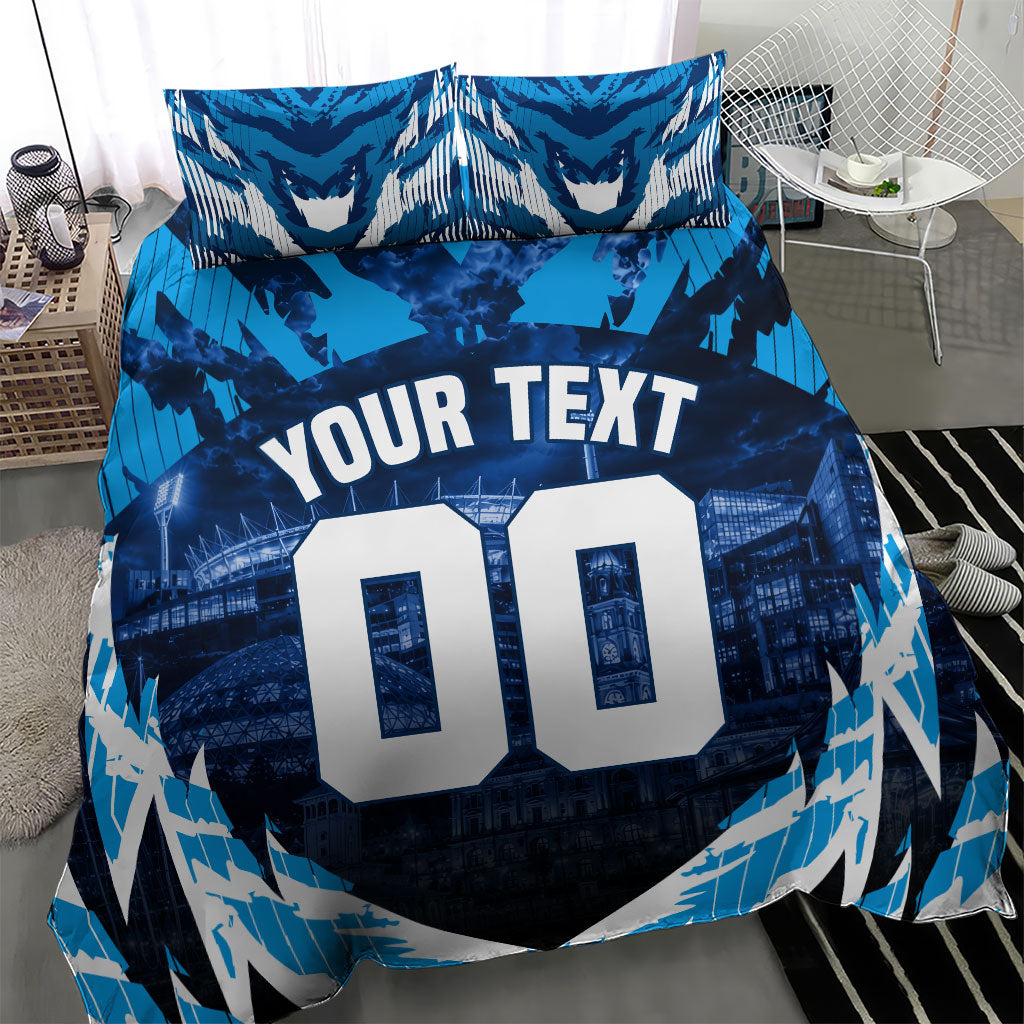 Personalised Geelong Cat Football Bedding Set Electric Blue Mascot Charging Cityscape