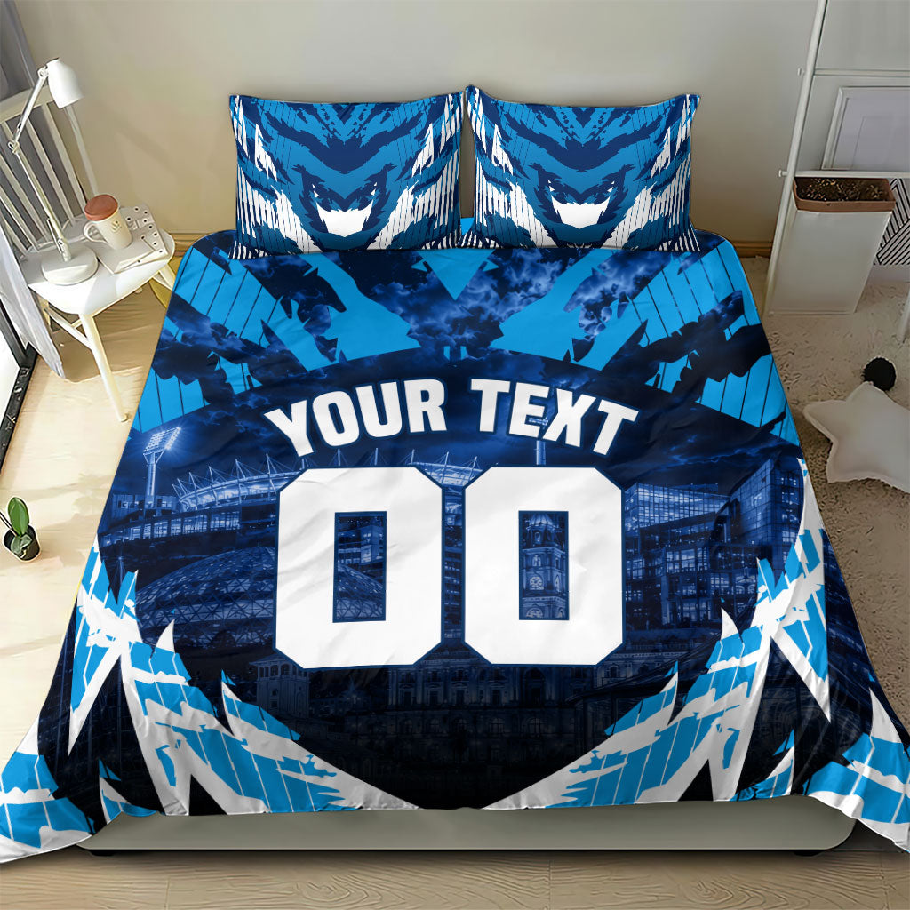 Personalised Geelong Cat Football Bedding Set Electric Blue Mascot Charging Cityscape