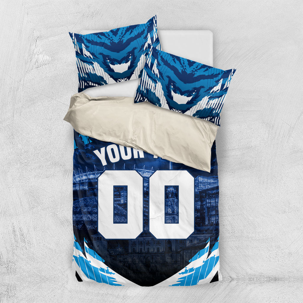 Personalised Geelong Cat Football Bedding Set Electric Blue Mascot Charging Cityscape