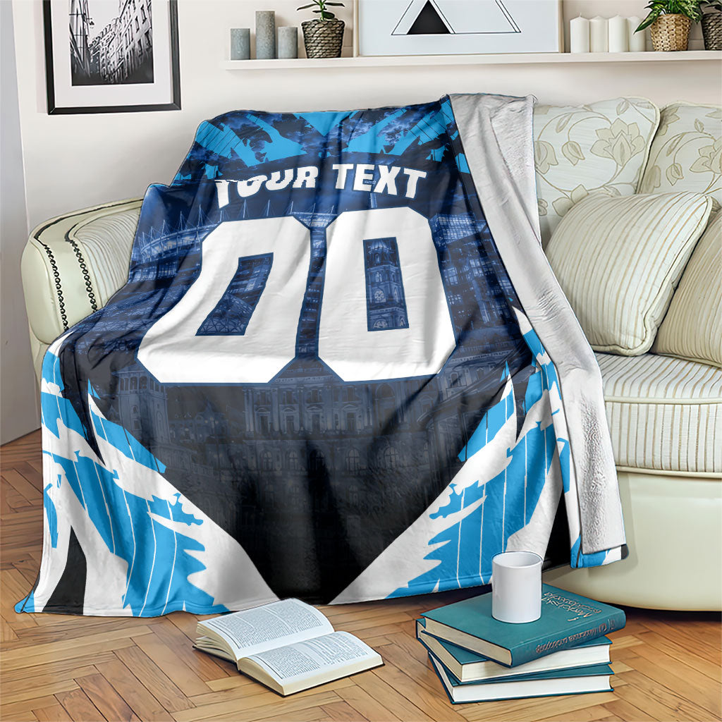 Personalised Geelong Cat Football Blanket Electric Blue Mascot Charging Cityscape