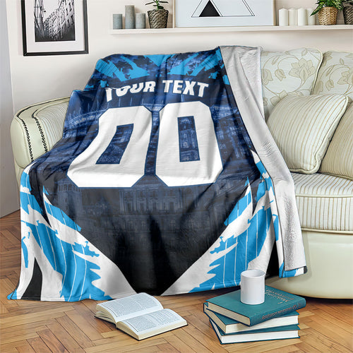 Personalised Geelong Cat Football Blanket Electric Blue Mascot Charging Cityscape