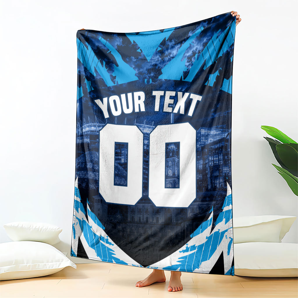 Personalised Geelong Cat Football Blanket Electric Blue Mascot Charging Cityscape